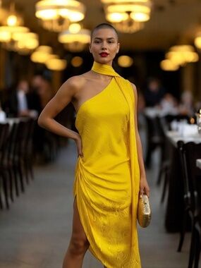 NWT RONNY KOBO Zoey size Large yellow 100% silk one shoulder dress